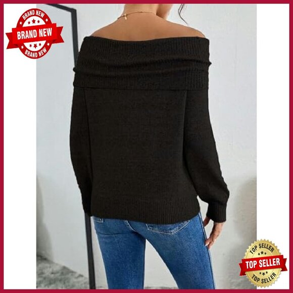 Off Shoulder Chunky Ribbed Knit Pullover Sweater Slim Fit Fall Tops - Picture 4 of 8